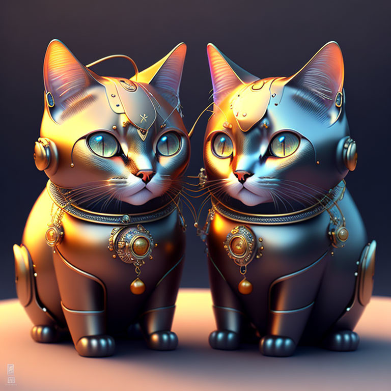 Ornate Metallic Cat Figures with Glowing Eyes on Amber-lit Background