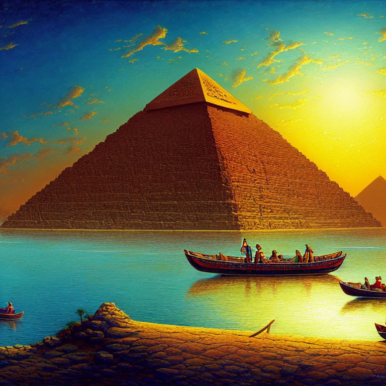 Vivid sunset sky over Great Pyramid of Giza with boats on Nile River