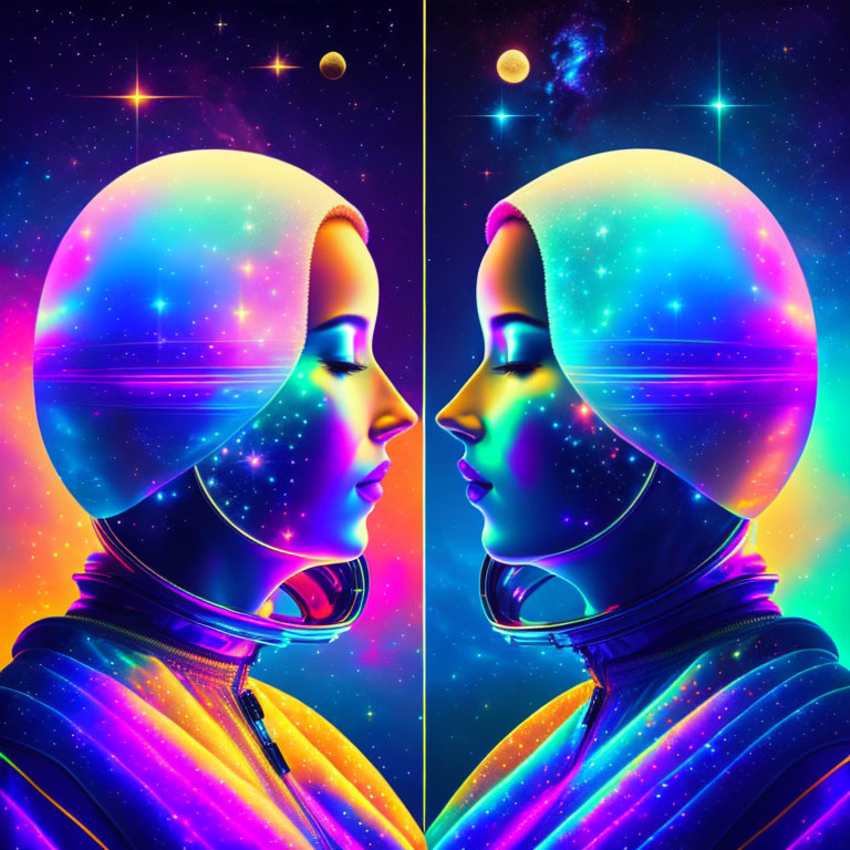 Illustration of cosmic-themed profiles in space helmets against starry background