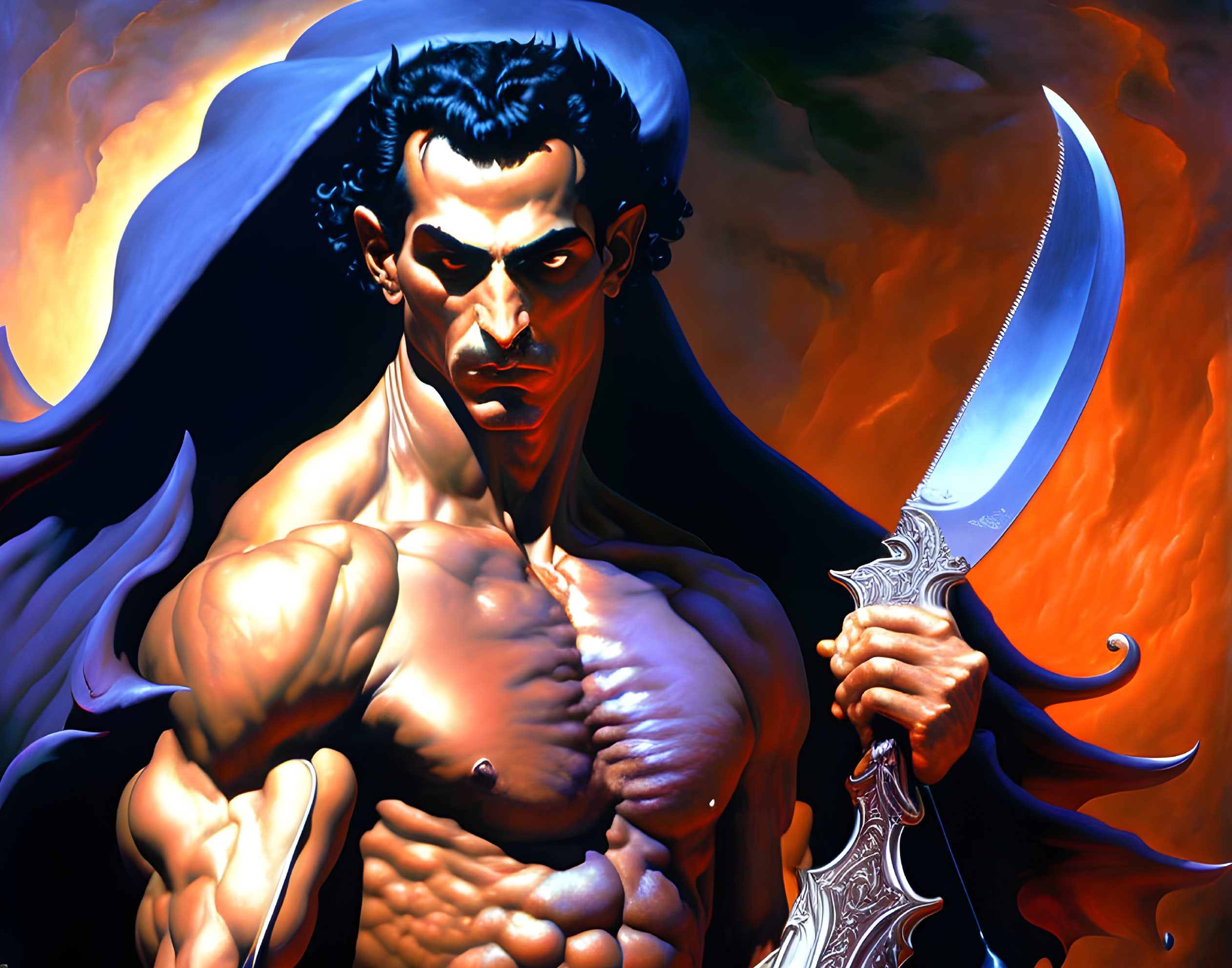 Muscular man with glowing sword on fiery background