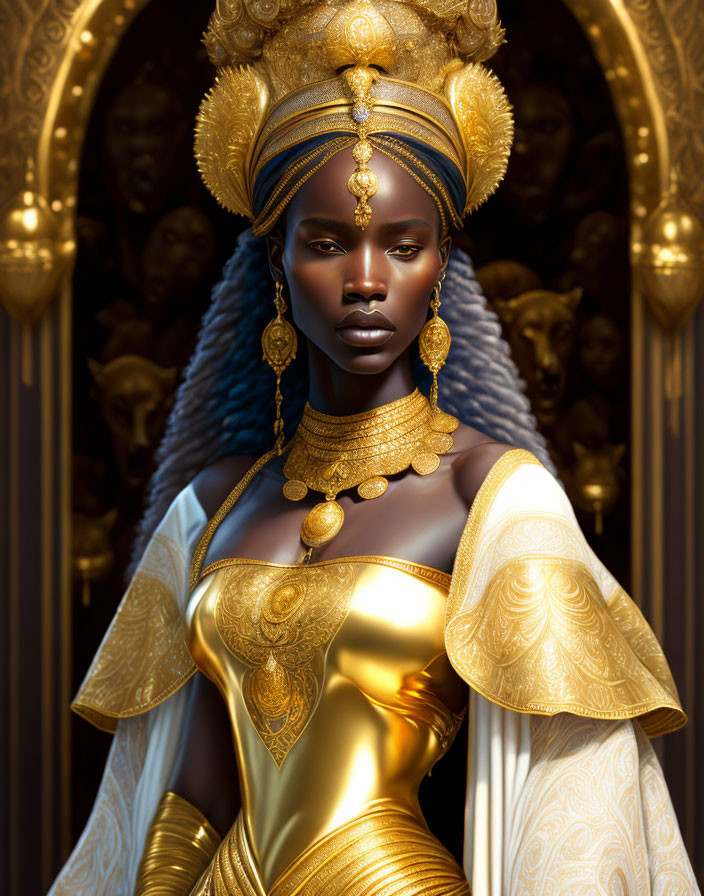 Regal woman in golden regalia and majestic headdress.