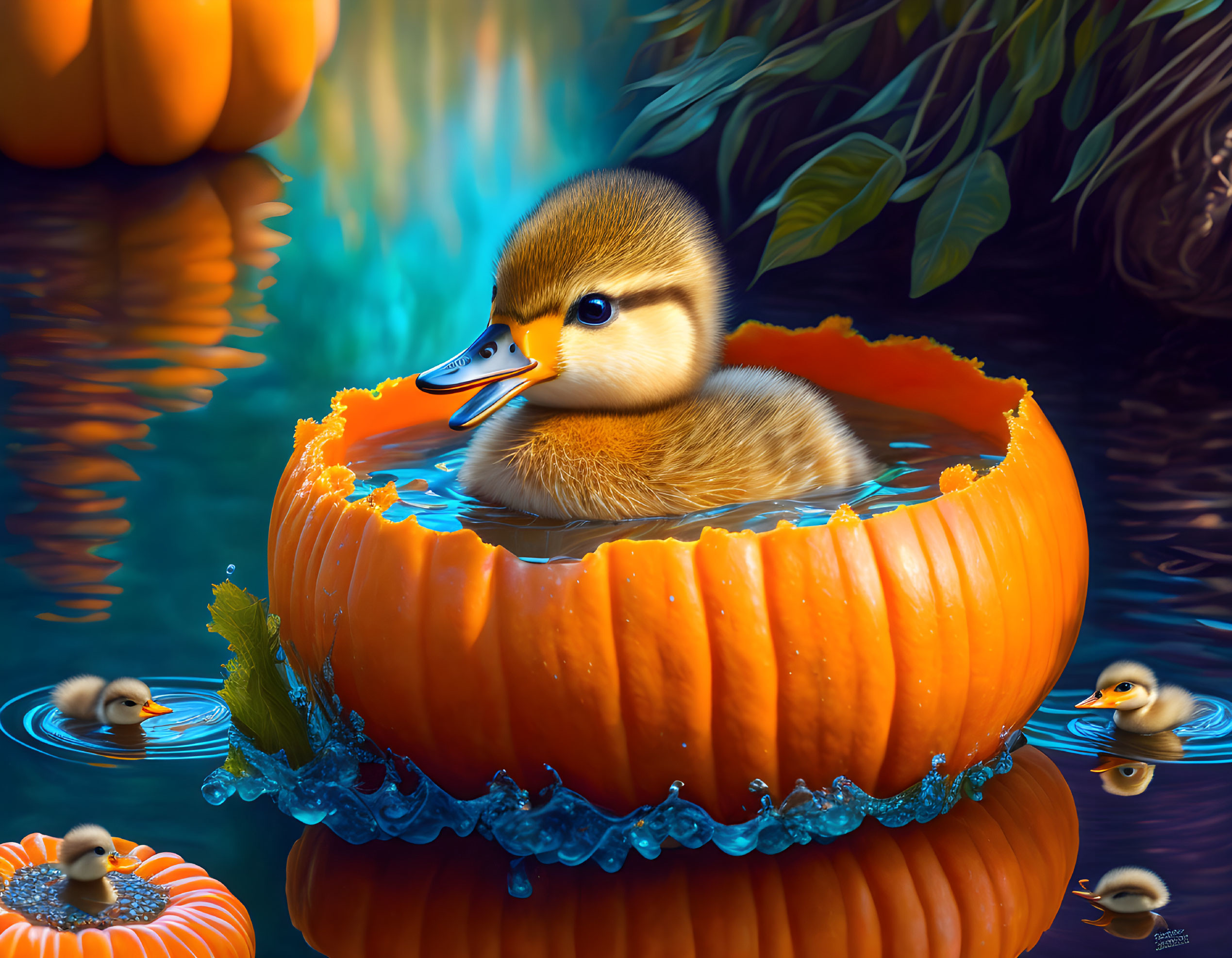 Adorable Duckling in Carved Pumpkin on Water