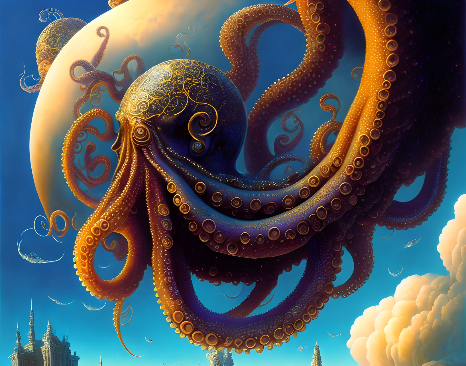 Detailed illustration: Giant octopus with intricate patterns, surrounded by clouds and alien planets