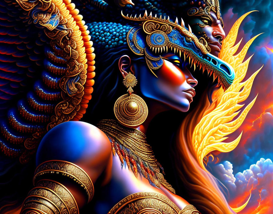 Colorful artwork featuring woman with gold jewelry and mythical bird creature