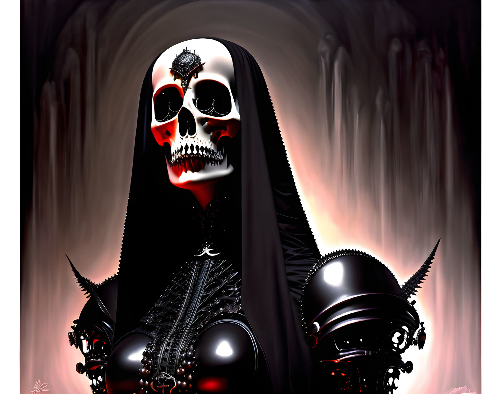 Gothic figure with skull face in black cloak and metallic adornments on dark, moody backdrop