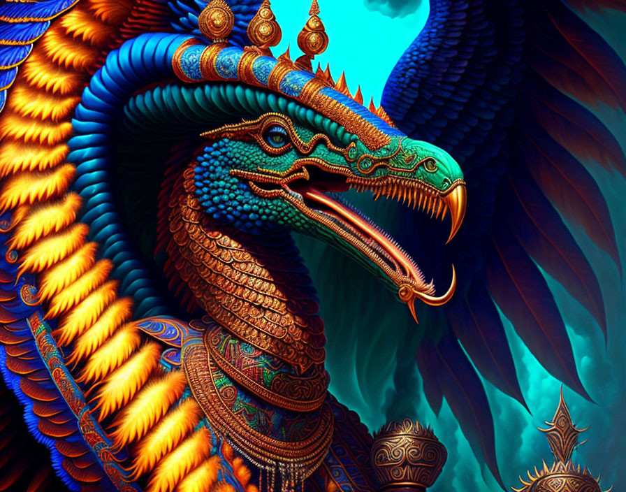 Majestic dragon digital artwork with blue and orange scales