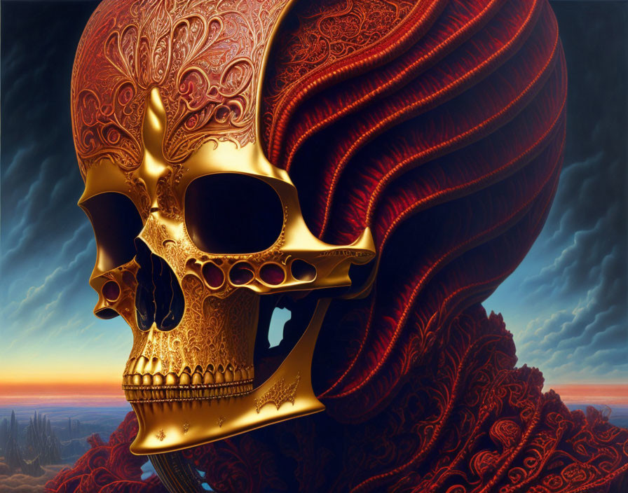 Surreal artwork: Golden skull with intricate patterns, red clouds, dark sky