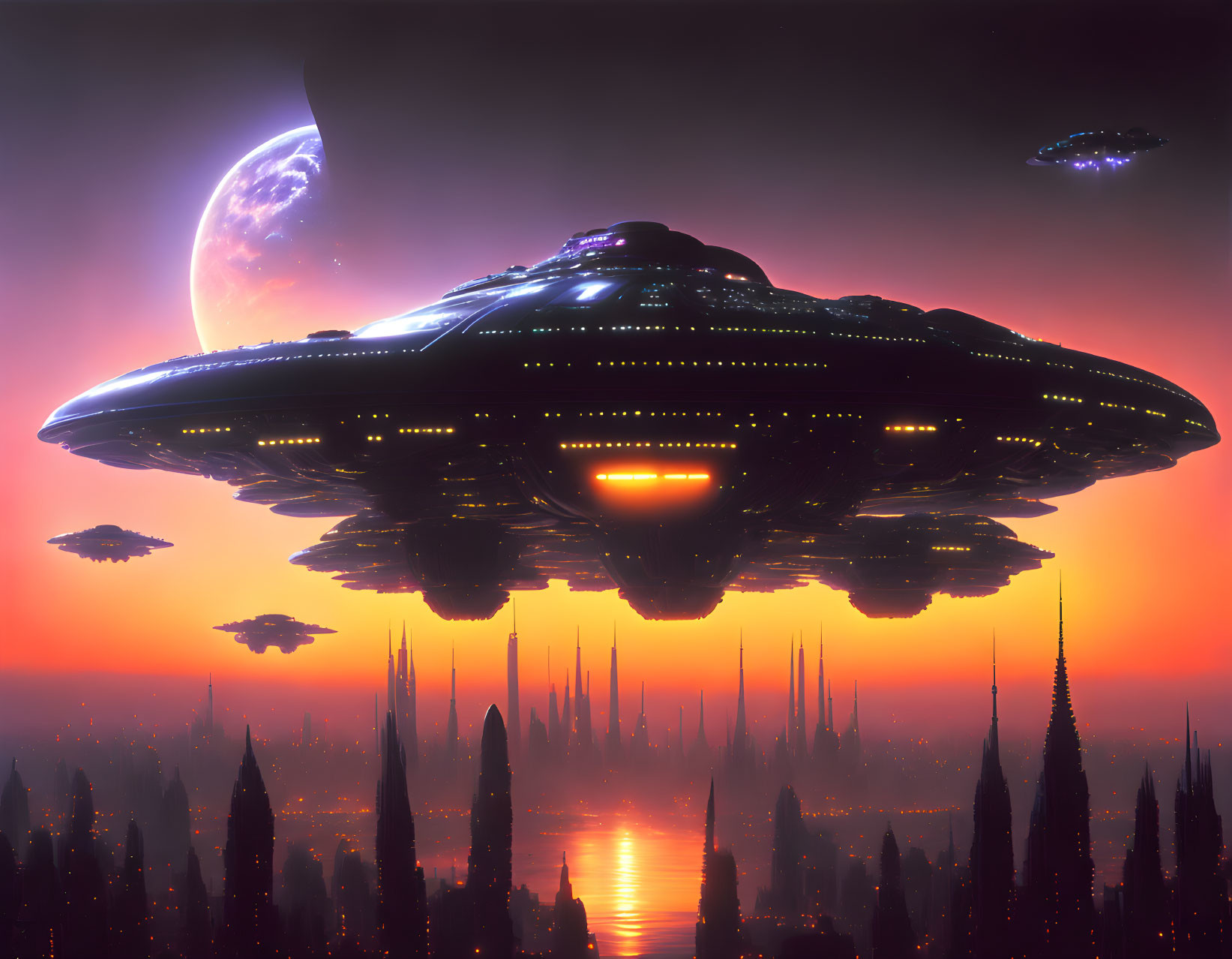 Giant futuristic spaceship over city with spires under dusky sky