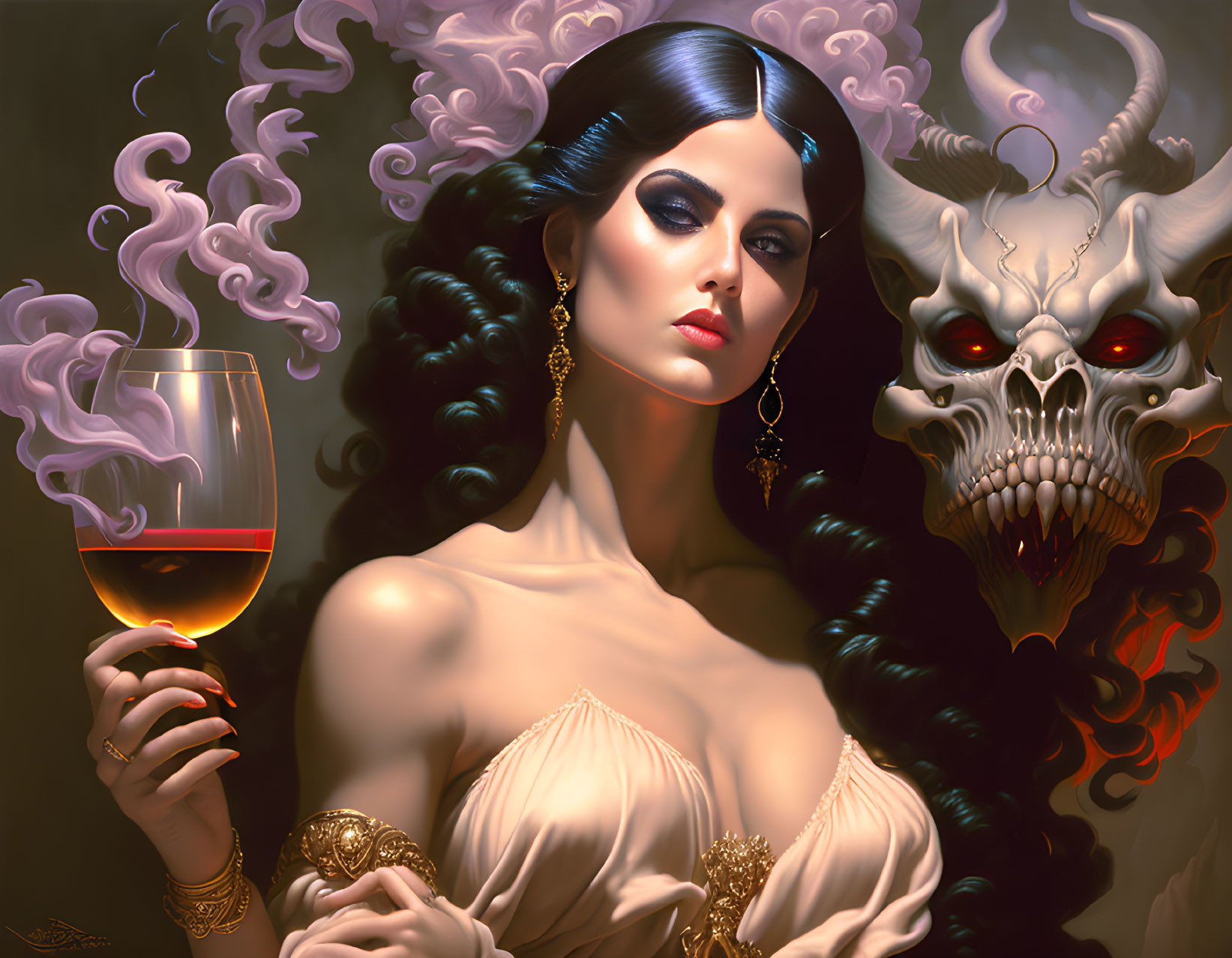 Dark-haired woman in classic attire with wine glass and demonic skull in background