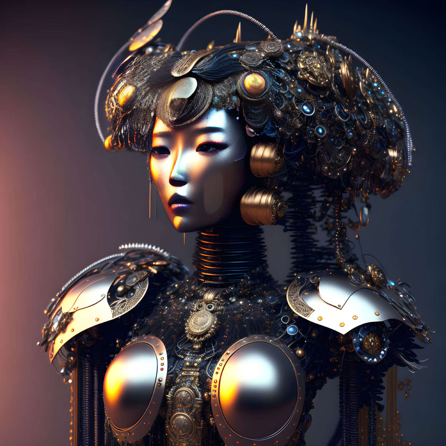 Female figure in gold and silver mechanical headdress on warm background