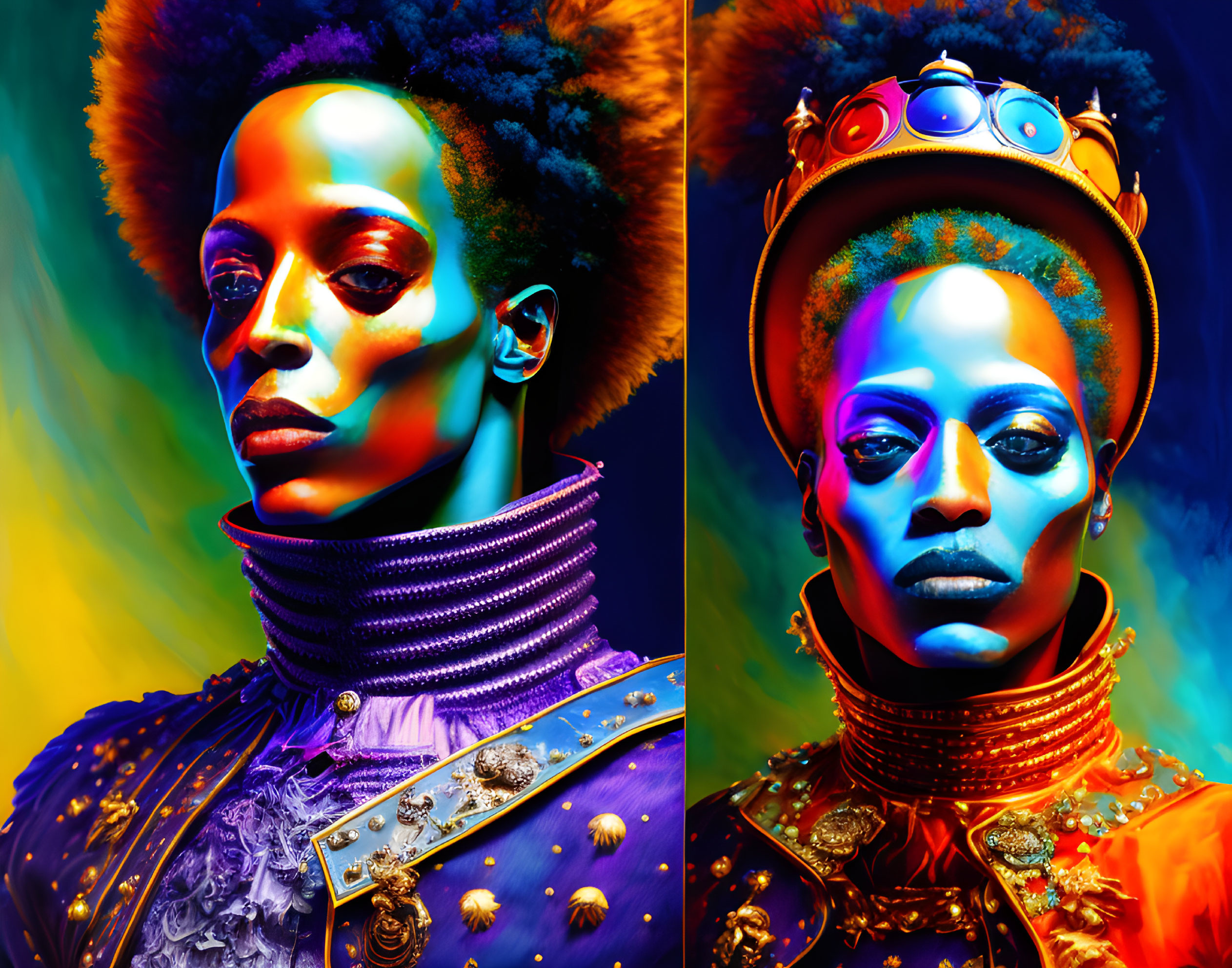 Vibrant portraits with artistic makeup and regal attire in blue and orange hues