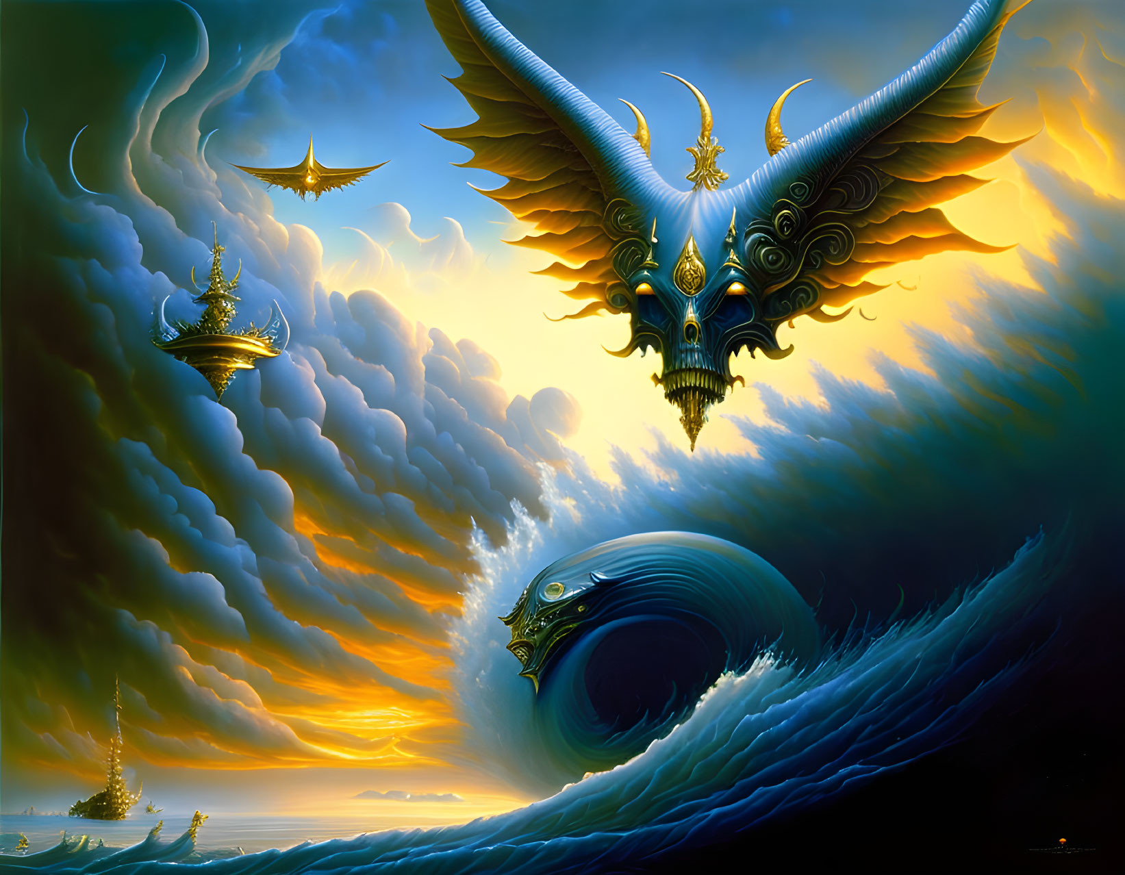 Winged creature flying over ocean wave and golden structures in vibrant sunset sky