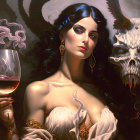 Dark-haired woman in classic attire with wine glass and demonic skull in background