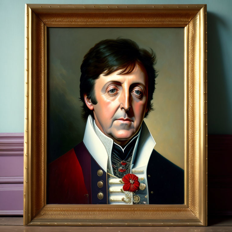 Realistic framed portrait of a man in dark coat with red collar, white cravat, and