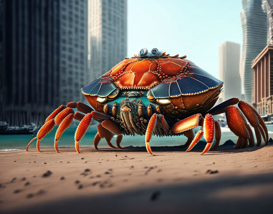 Enormous crab in urban setting with skyscrapers and shadow