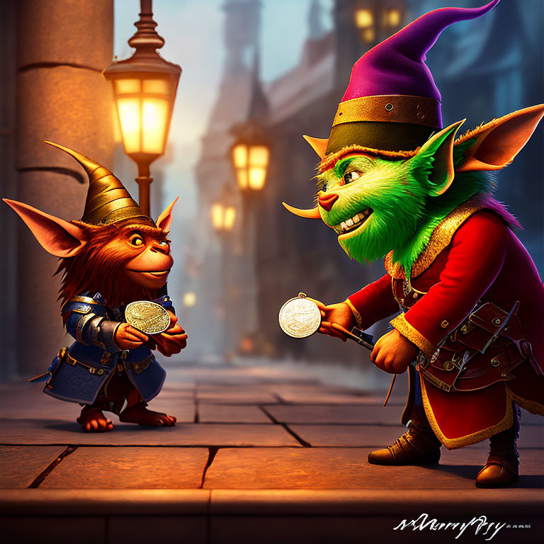 Animated goblins exchanging coin in cobblestone alley at dusk