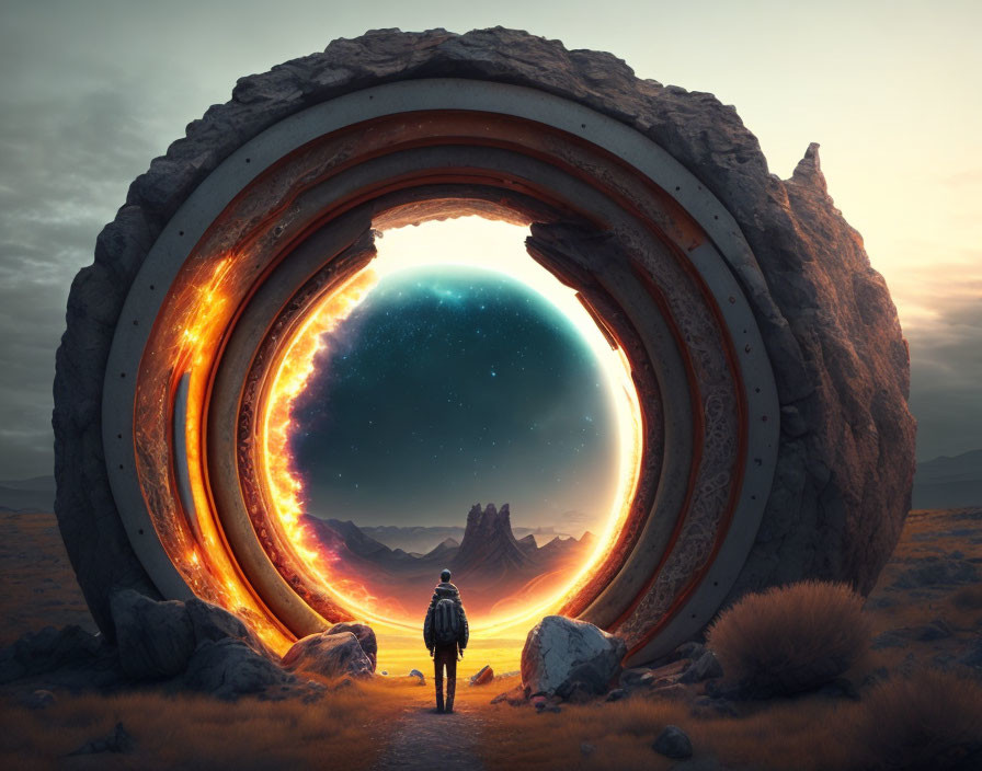 Colossal Circular Portal Contrasting Fiery Edge with Starry Realm