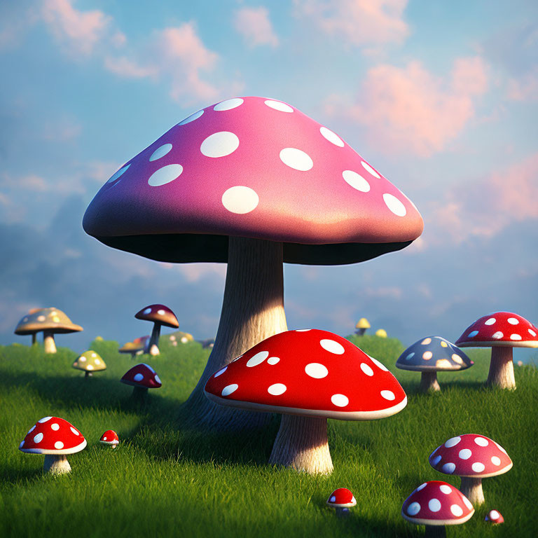 Colorful 3D illustration: Vibrant red mushrooms with white spots on grassy field