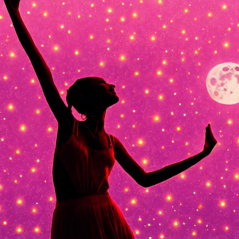 Silhouette of woman in front of pink backdrop with stars and moon