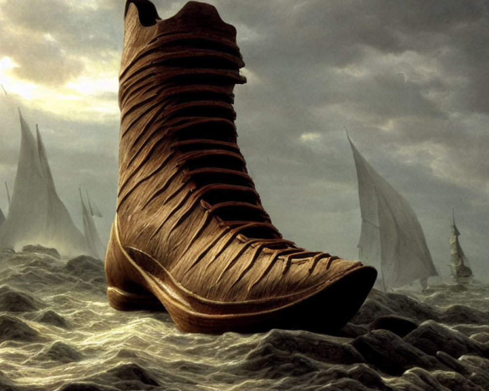 Weathered leather boot in tumultuous sea with ship sails, under brooding sky