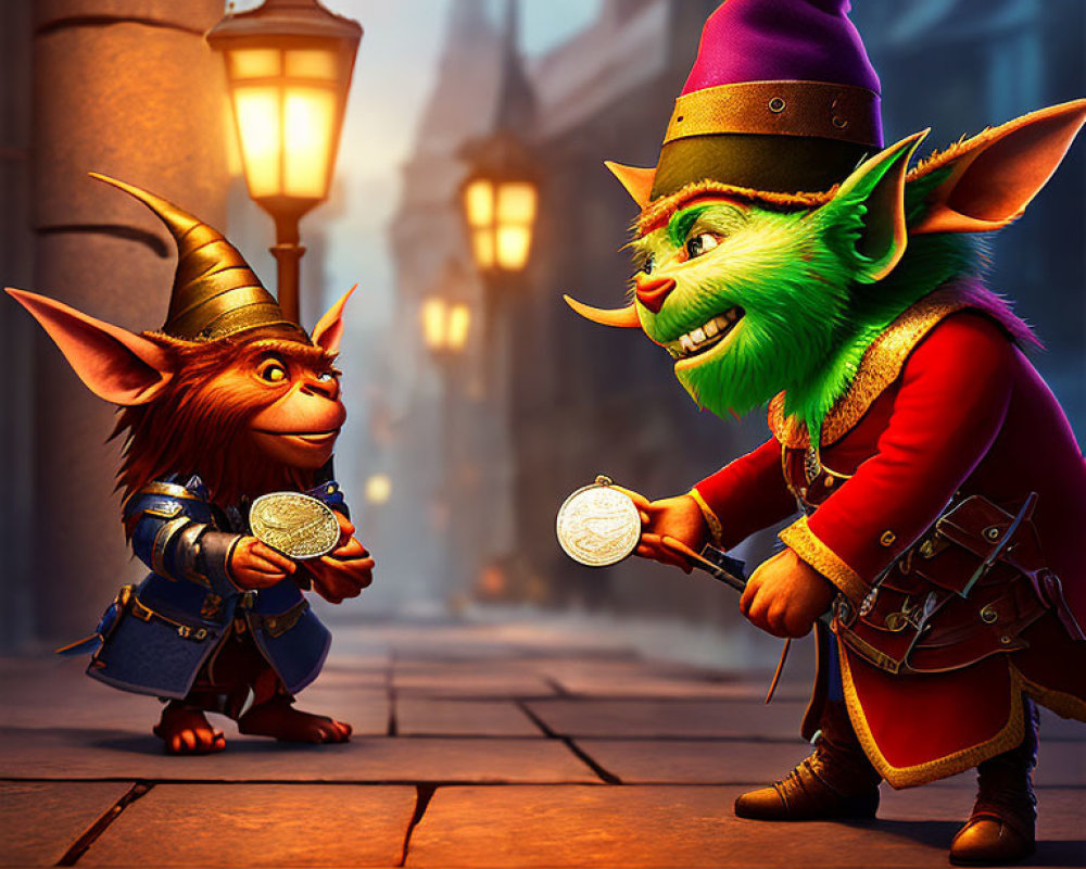 Animated goblins exchanging coin in cobblestone alley at dusk