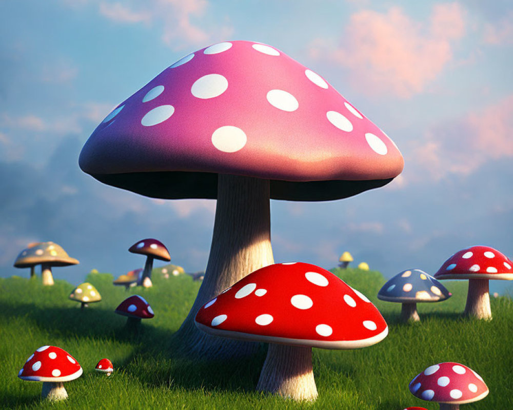 Colorful 3D illustration: Vibrant red mushrooms with white spots on grassy field