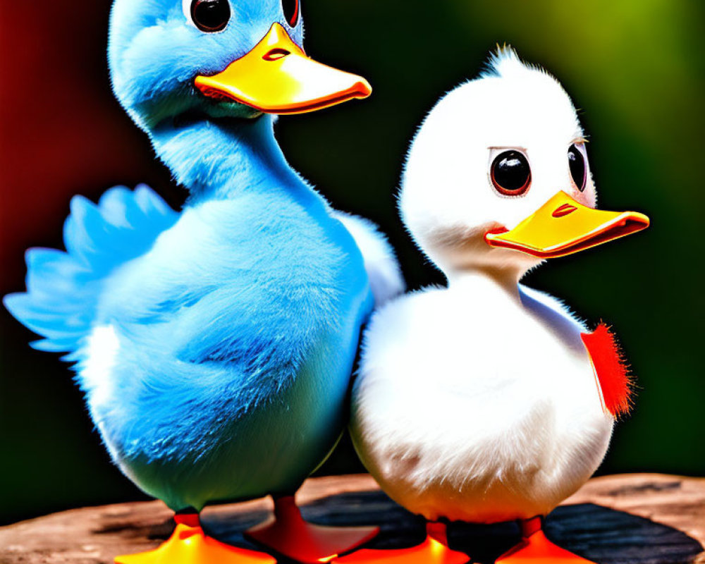 Two vibrant rubber duckies, blue and white, against blurred natural background