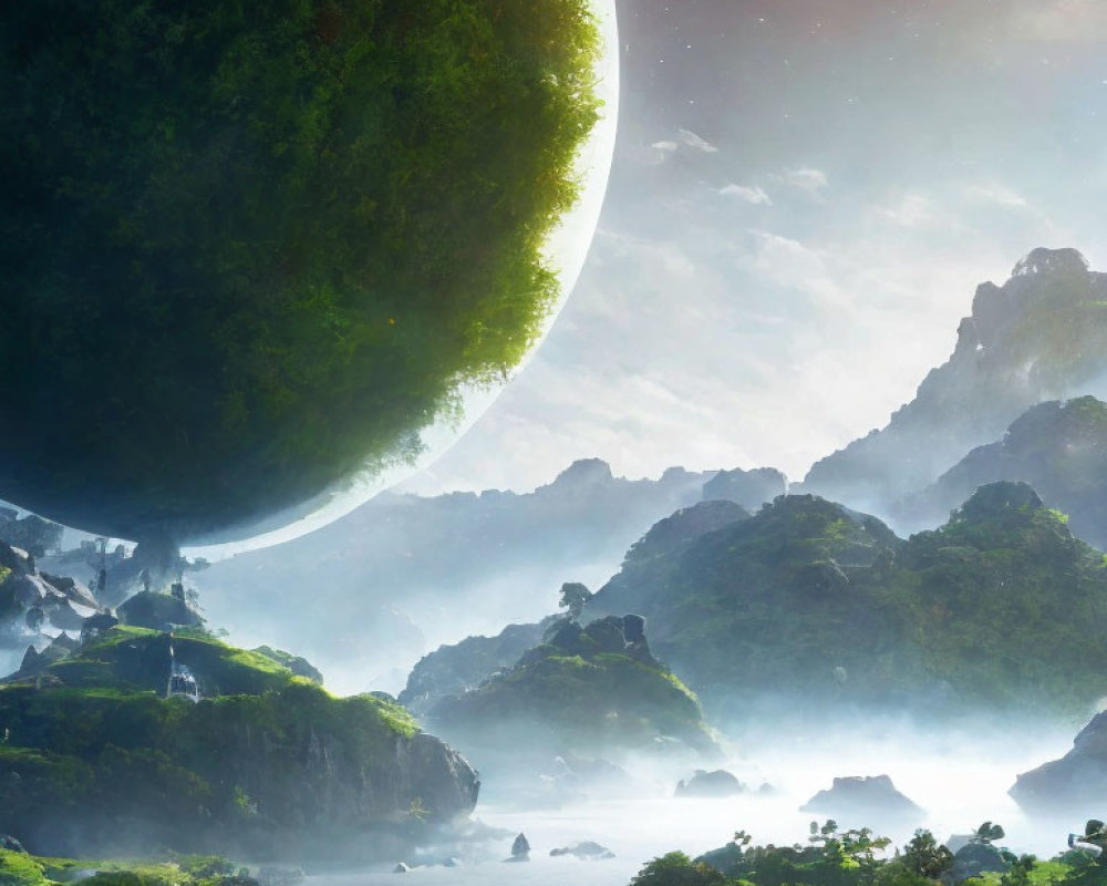 Lush greenery, misty waters, rocky terrain under a celestial sky