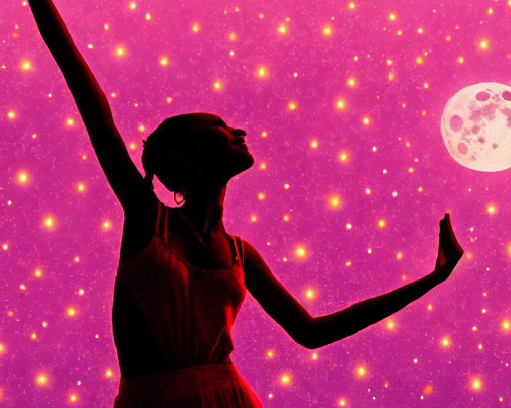 Silhouette of woman in front of pink backdrop with stars and moon