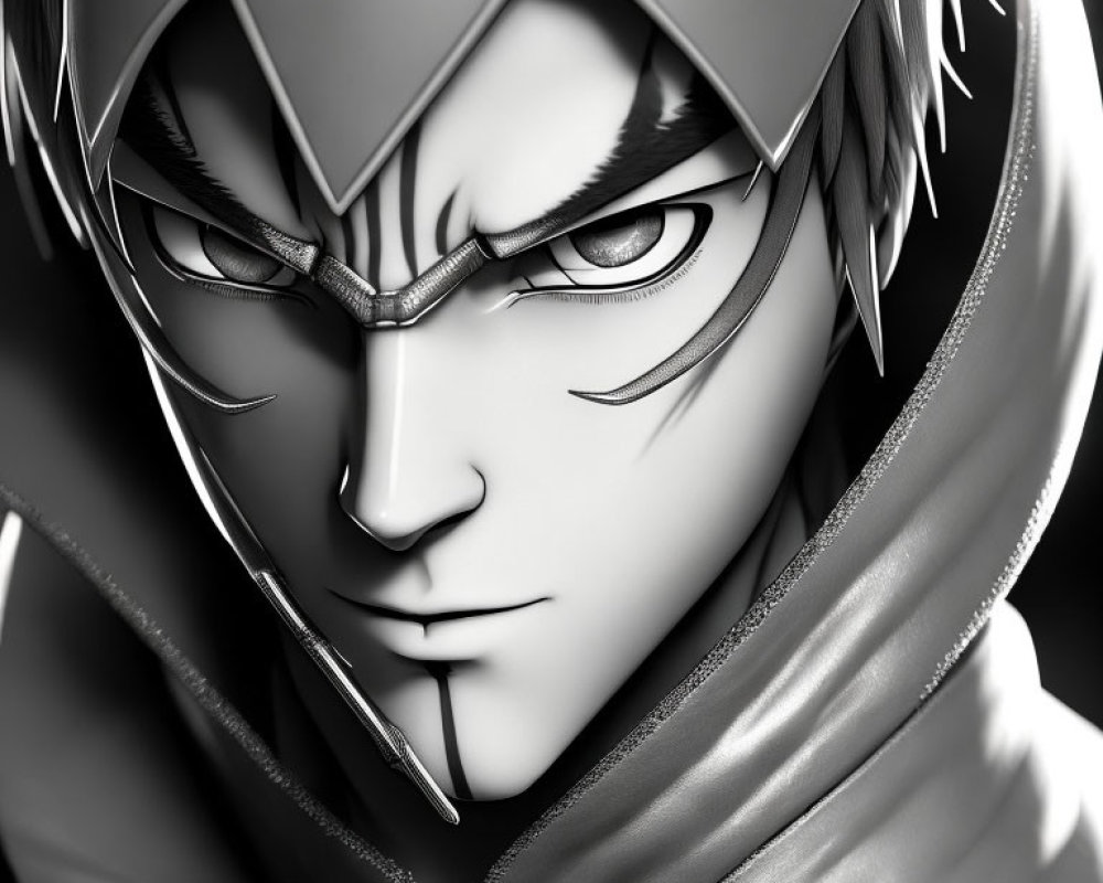 Monochrome stylized character with metallic helmet and intense gaze