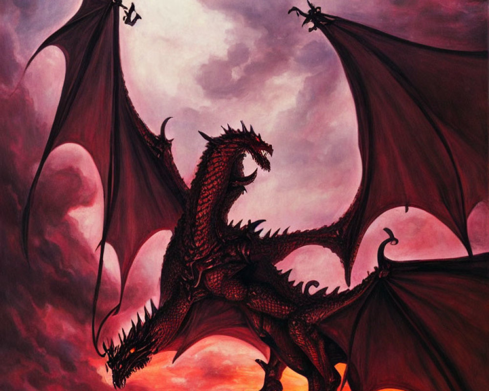 Red Dragon with Spread Wings and Flying Silhouettes in Dramatic Sky