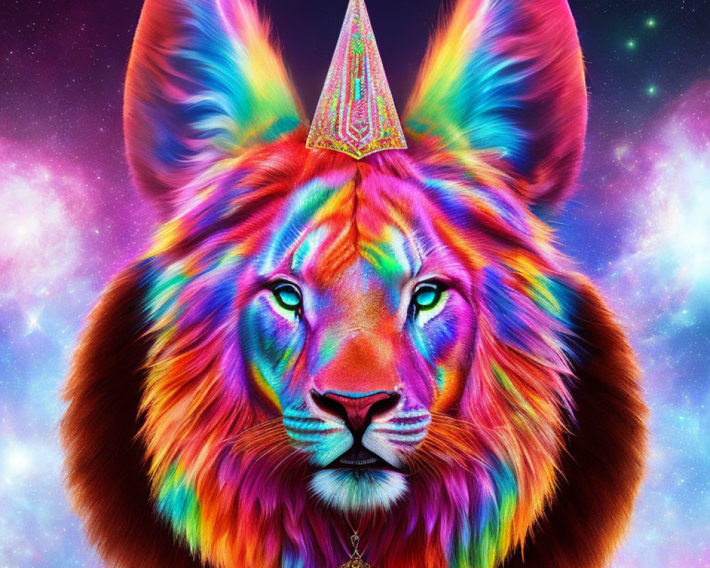 Colorful Lion with Cosmic Background and Rainbow Mane