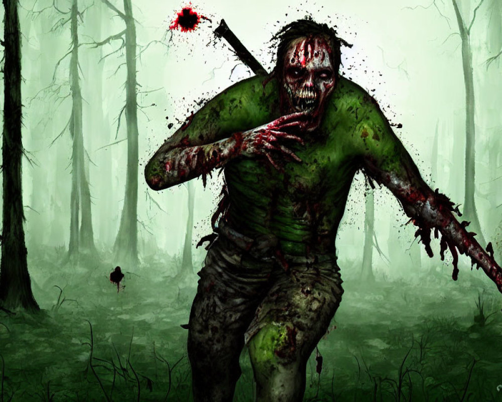 Menacing zombie with blood and weapon in creepy forest