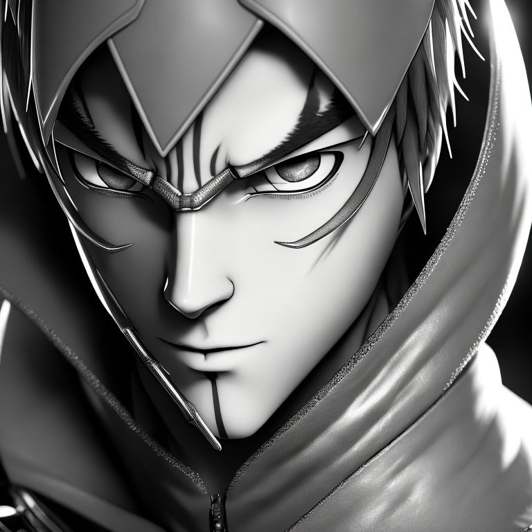 Monochrome stylized character with metallic helmet and intense gaze