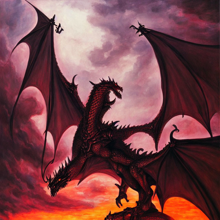 Red Dragon with Spread Wings and Flying Silhouettes in Dramatic Sky