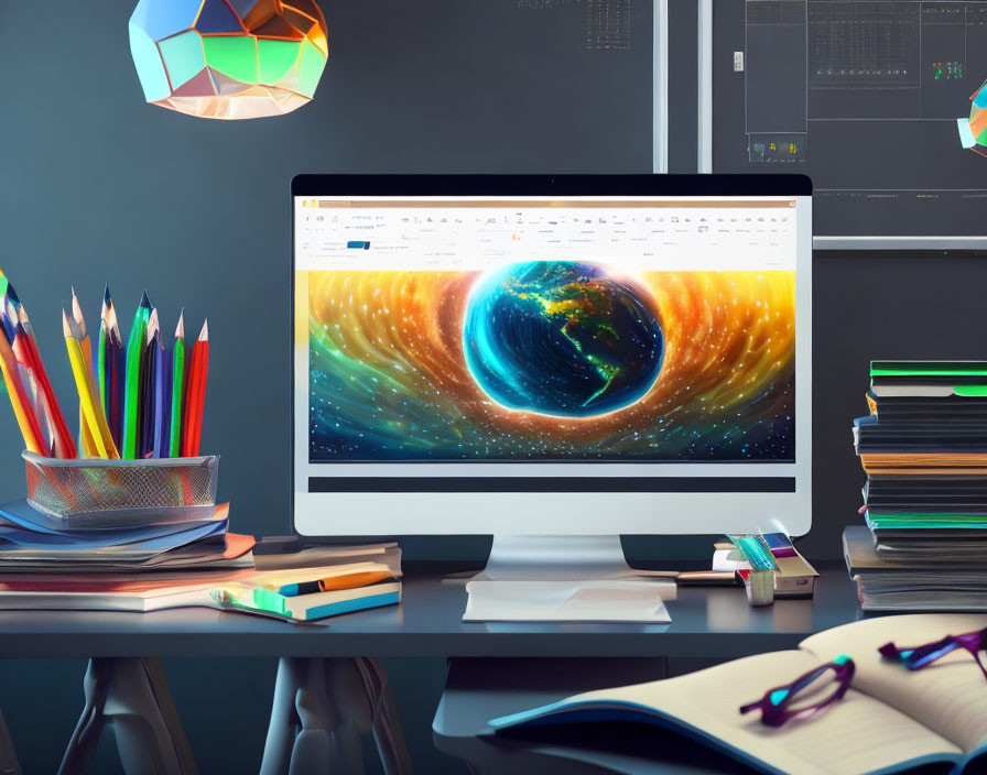 Colorful workspace with galaxy wallpaper, pencils, books, and notebooks on desk