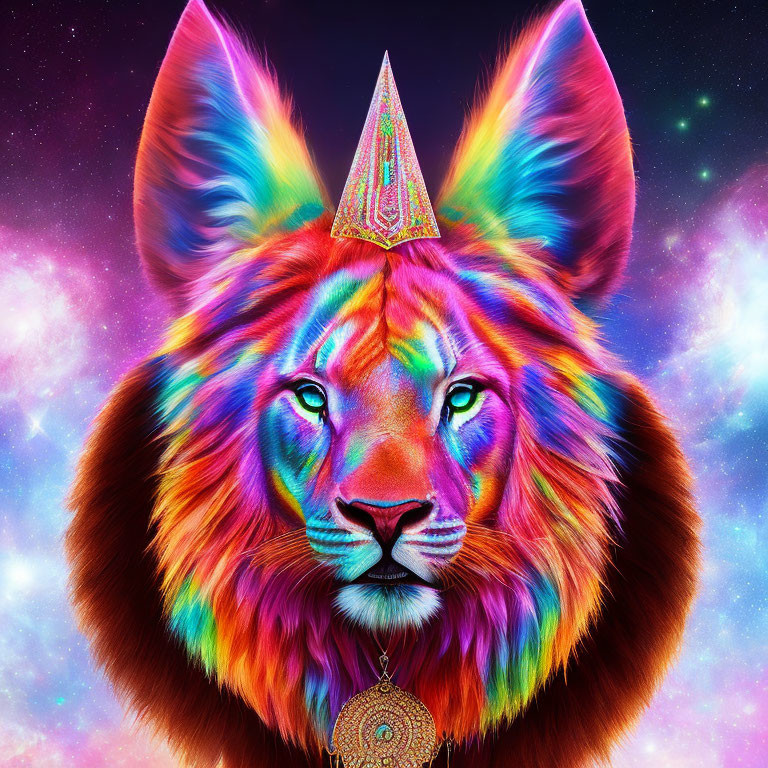 Colorful Lion with Cosmic Background and Rainbow Mane