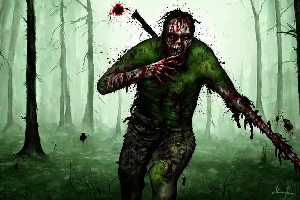 Menacing zombie with blood and weapon in creepy forest