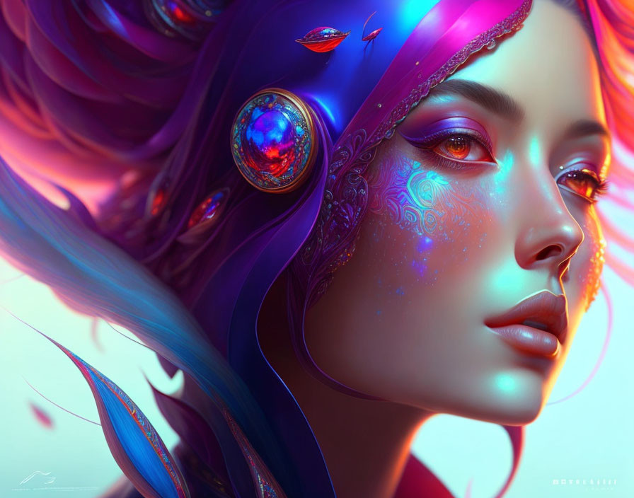 Colorful portrait of a woman with surreal features and intricate jewelry