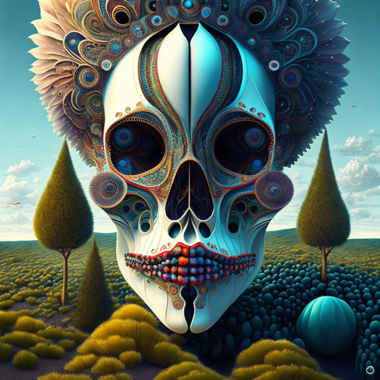 Colorful Decorated Skull in Surreal Landscape