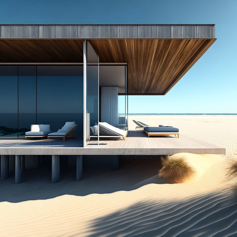 Contemporary Beach House Design with Large Glass Windows & Cantilevered Overhang