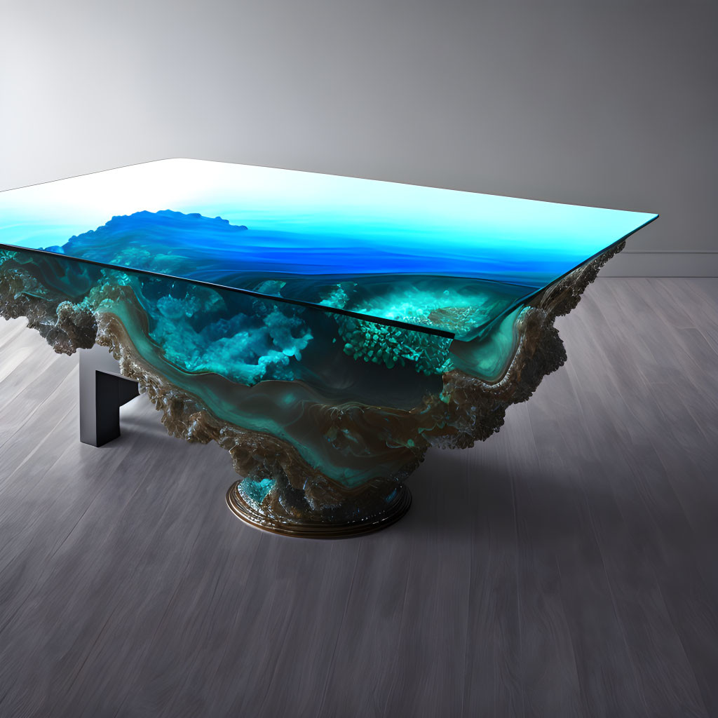 Glass Top Table with Ocean Surface Design on Sculpted Base