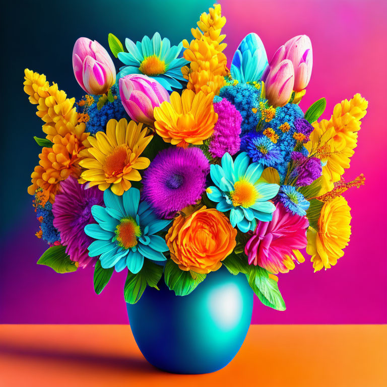 Colorful Mixed Flowers in Blue Vase on Neon Gradient Background