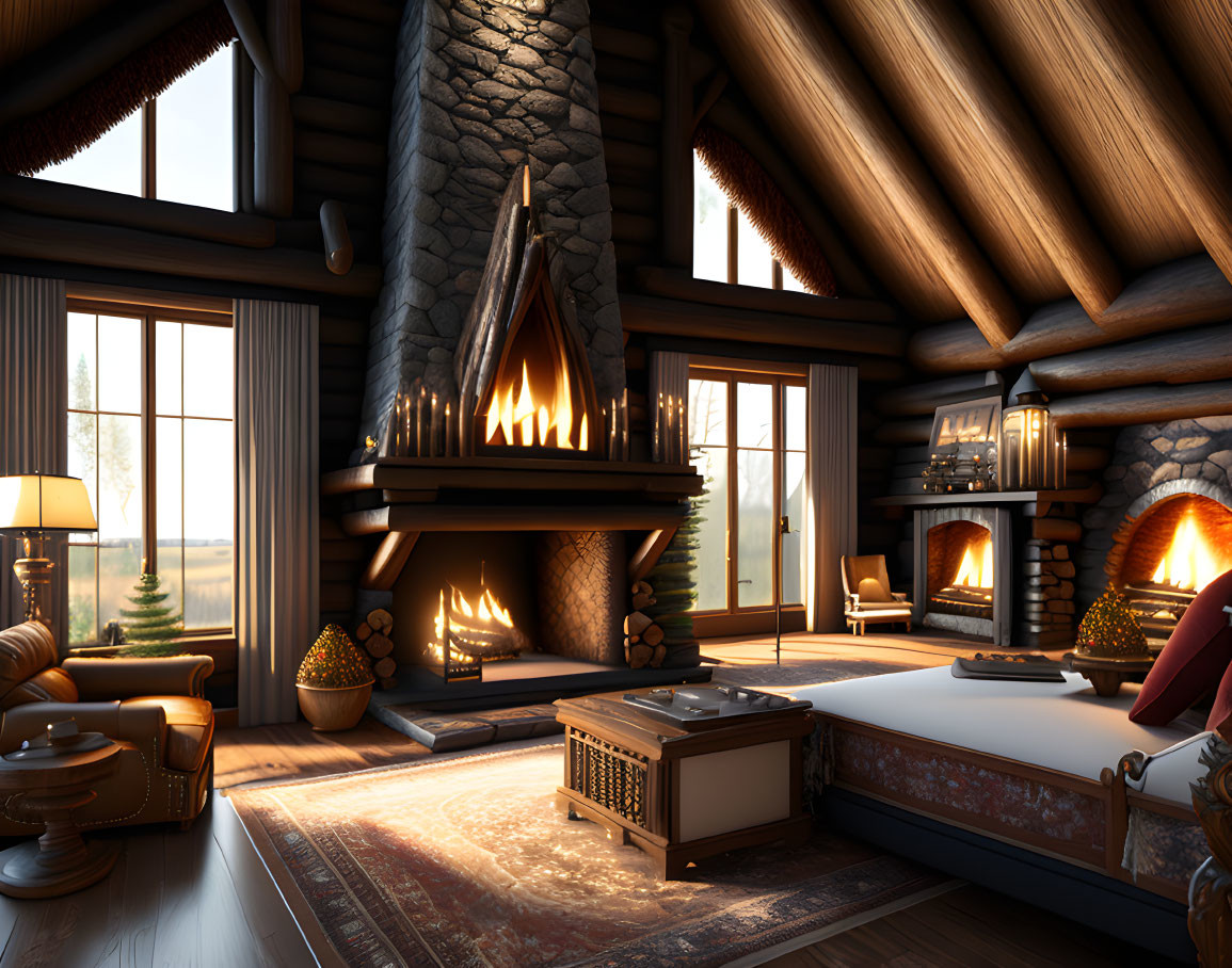 Rustic log cabin interior with fireplace, wooden beams, and large window