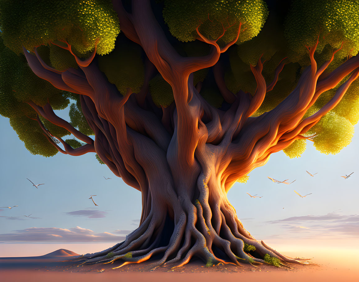 Giant fantastical tree with lush canopy in desert landscape at sunset