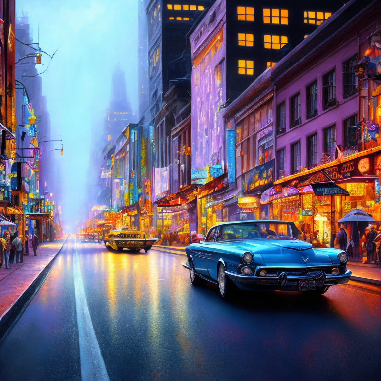 Classic cars on rainy street at dusk with neon-lit buildings, evoking nostalgic urban vibe