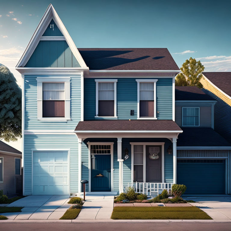 Two-story blue house with white trim, front porch, garage, and sunny front lawn