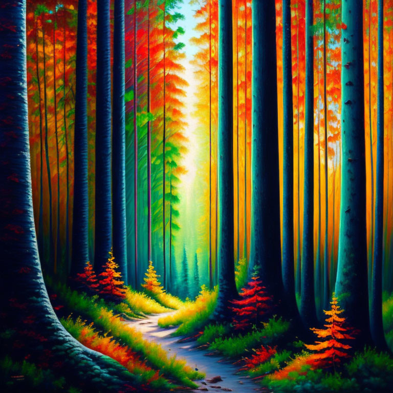 Colorful Forest Painting with Path and Tall Trees