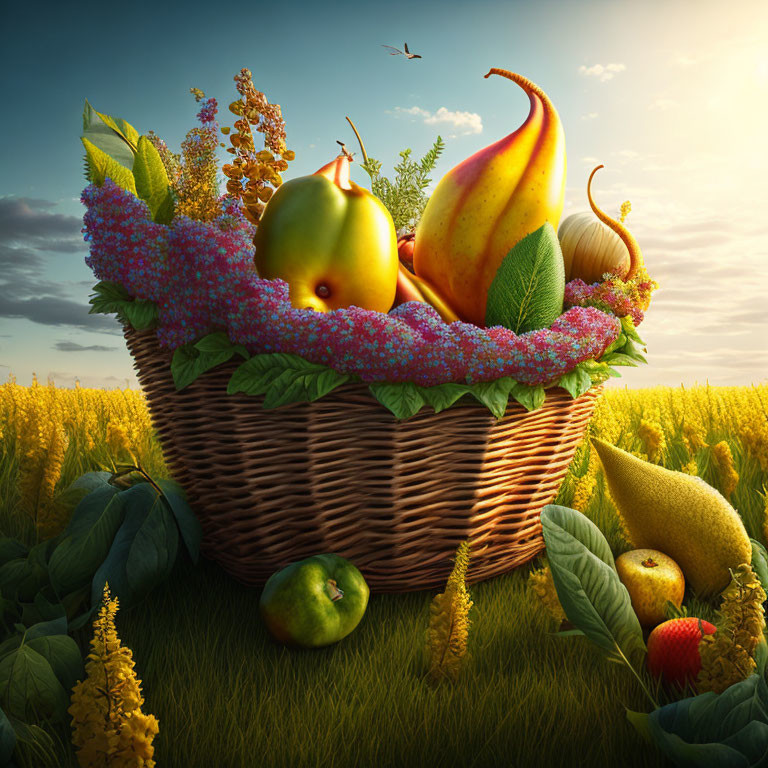 Colorful Fruit and Flower Basket in Sunny Field Landscape