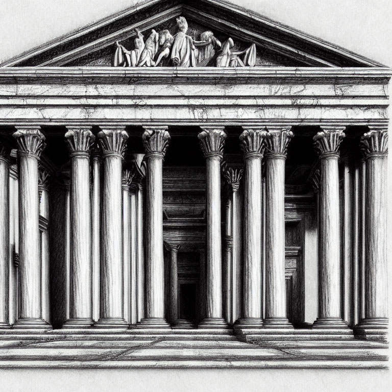 Classical Greek-style temple façade with Corinthian columns and sculptured figures